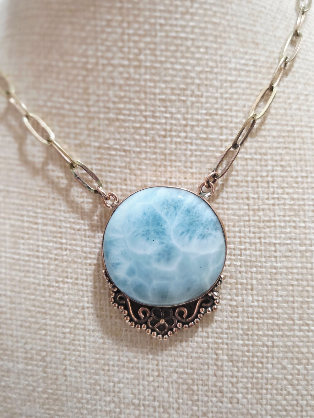 Blue Larimar Pendant Necklace with Filigree Accent
